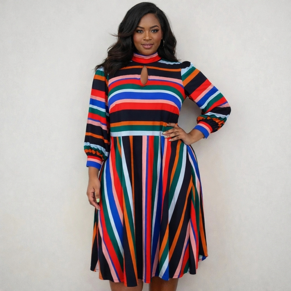 ELOQUII Size 20 Puff Sleeve Self-Tie Neck & Front Keyhole Striped A-Line Dress